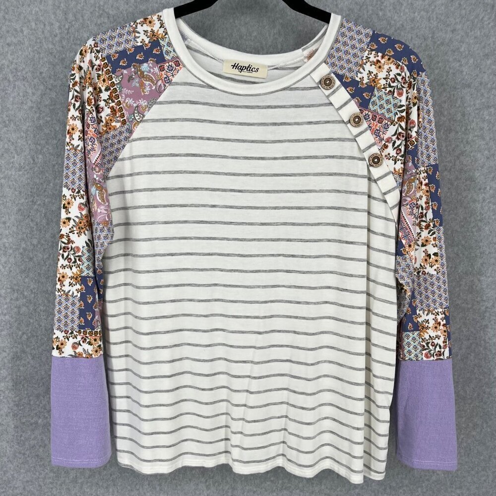 Haptics Boho Floral Mixed Print Top Size 2X Multicolor Patchwork Stretch Knit LS